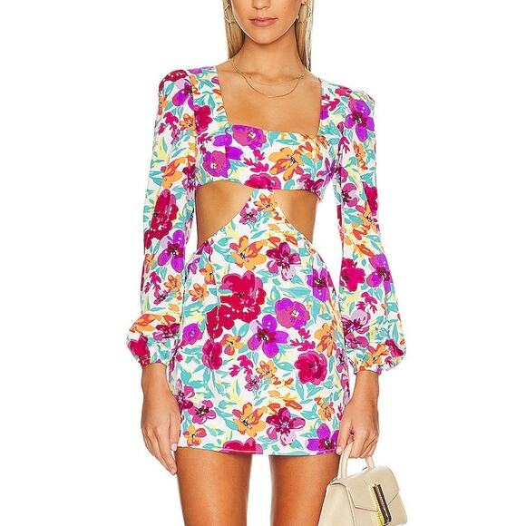 More to Come Sonya Cutout Dress White Purple Floral Mini Long Sleeve Sz M - Picture 1 of 16